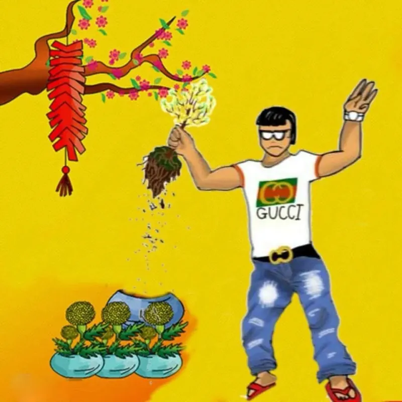 Avatar Tết meme vui nhộn với hình ảnh pháo và mai vàng